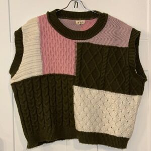 POL Womens Patchwork Cable Knit Sweater Vest Olive Pink Cream Colorblock Small